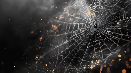 Black background featuring thin spider webs in the corners, with white inked elements