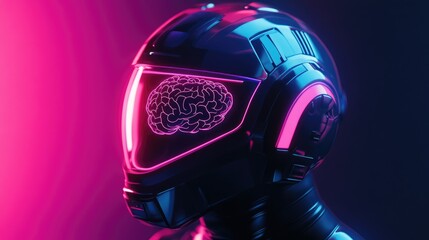 Poster - High-tech lab setting with a sleek, neon-lit brain-computer interface helmet, futuristic design.