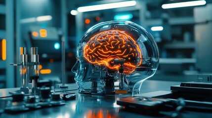 Poster - High-tech lab setting with a sleek, neon-lit brain-computer interface helmet, futuristic design.