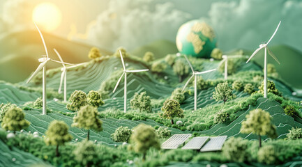 Aufkleber - A visually captivating eco-friendly concept illustration, featuring miniature wind turbines and solar panels set against a vibrant green landscape with small trees and lush, grassy textures.