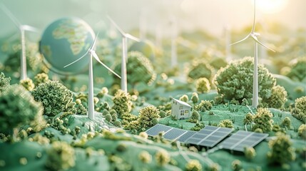 Aufkleber - A visually captivating eco-friendly concept illustration, featuring miniature wind turbines and solar panels set against a vibrant green landscape with small trees and lush, grassy textures.