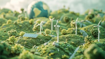 Aufkleber - A visually captivating eco-friendly concept illustration, featuring miniature wind turbines and solar panels set against a vibrant green landscape with small trees and lush, grassy textures.