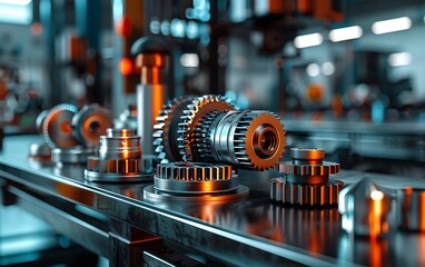 Fototapete - A detailed close-up of metallic gears and machinery components, showcasing intricate design and precision in a modern industrial setting.