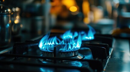 Blue flames on a gas stovetop burner in a kitchen.