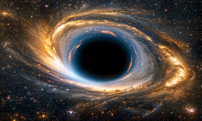 massive black hole with swirling light and stars in realistic deep space scene