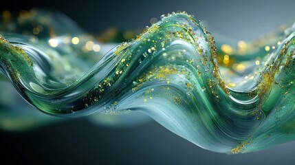 Canvas Print - Abstract green and gold liquid wave with bokeh effect.