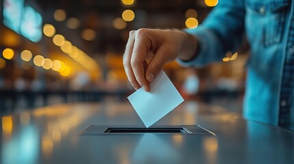 Close-up of hand inserting ballot into box, with standing man casting his vote at polling station