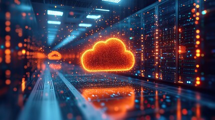 Cloud computing is depicted in datcenter with glowing orange cloud icons, representing digital storage and services