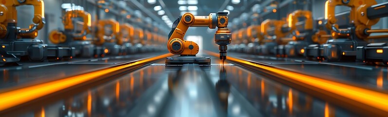 Aufkleber - A vibrant industrial scene featuring robotic arms working on an assembly line, illuminated by glowing orange lights in a high-tech factory setting.