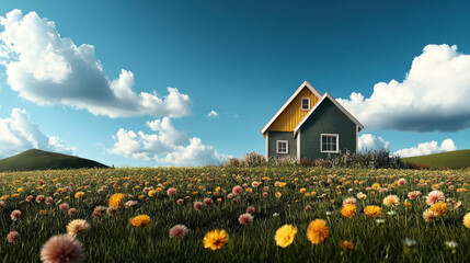 Charming yellow and green cottage situated in a picturesque meadow filled with wildflowers under a bright blue sky with fluffy clouds.