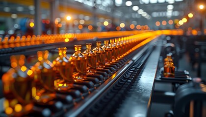 Poster - An industrial production line showcases rows of glowing amber bottles, highlighting the efficiency and automation in manufacturing processes.