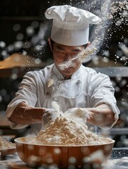 Poster - an Asian male chef cooking with flour. in the bakery kitchen.