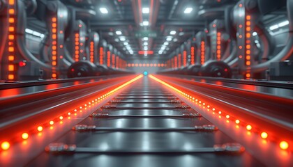 Aufkleber - A futuristic corridor with glowing red lights and metal tracks, evoking a high-tech industrial atmosphere.