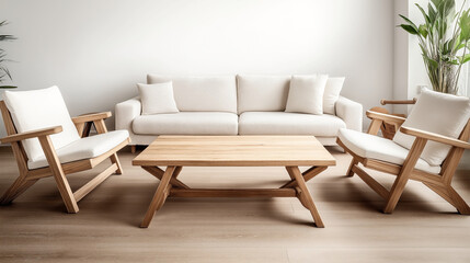 Sticker - Contemporary living room interior with white sofa, wooden armchairs, coffee table, and green plants, featuring neutral colors and minimalist design.