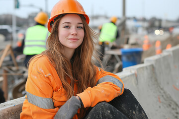 female construction worker in orange safety uniform and helmet sits confidently at construction site, with other workers in background