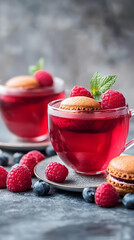 Wall Mural - Photo of Raspberry Tea and Macarons with Fresh Berries