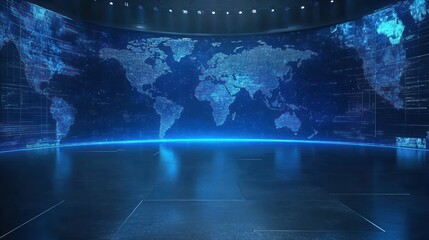 Poster - a futuristic, empty studio with a large digital map of the world on the curved wall, illuminated by 
