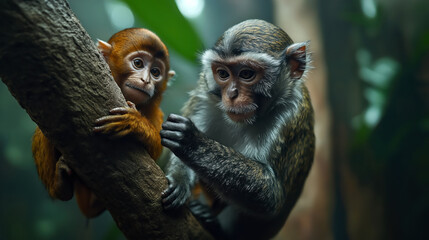 Wall Mural - Close-up of two monkeys perched on a tree branch in a lush green jungle. One is a young monkey with orange-brown fur while the other is an older monkey with gray and white fur.