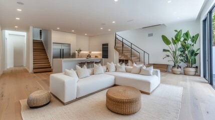 A modern, minimalist living room with a white sectional sofa, two ottomans, a large potted plant, and a wooden staircase.