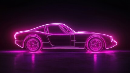 Wall Mural - a neon pink outline of a classic sports car, glowing against a black background.