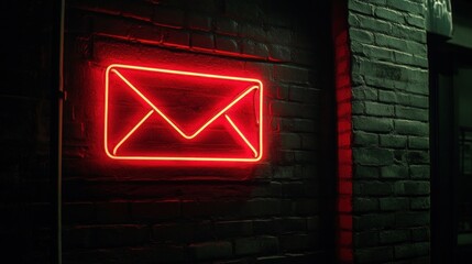 Wall Mural - a red neon envelope sign on a brick wall, glowing in the dark.