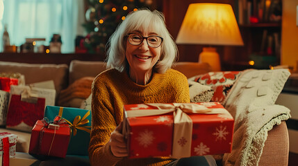 Wall Mural - Happy senior woman unwrapping holiday gifts in a cozy living room