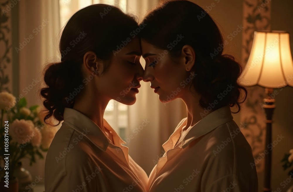 Intimate moment between two women in soft light, sharing a quiet ...