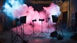© h4kunA - Professional film set with colorful smoke and lighting equipment in a large industrial space.