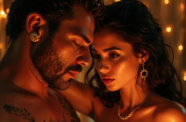 Wall Mural - Intimate moment between a couple surrounded by soft lighting, capturing emotions during a romantic evening together