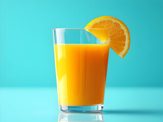 Wall Mural - Refreshing Photo - Glass of Orange Juice with Orange Slice on Blue