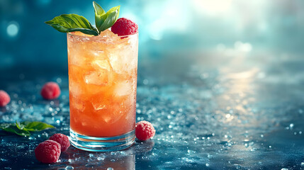 Wall Mural - Refreshing Raspberry Cocktail Photo with Ice and Basil