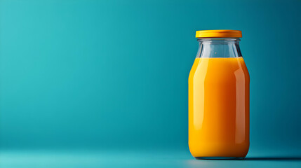 Wall Mural - Refreshing Orange Juice in Bottle on Blue Background Photo