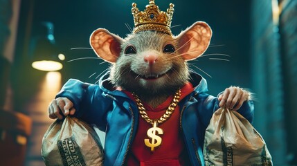 A cartoon rat wearing a gold crown and a gold chain with a dollar sign pendant, holding two bags of money and smiling.