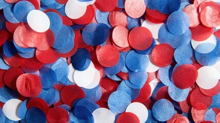 A close-up shot of red, white, and blue confetti scattered across a surface.