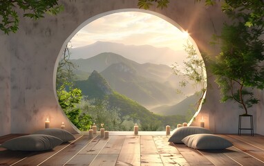 Poster - A serene view through a circular window showcasing mountains, lush greenery, and warm light, creating a peaceful indoor-outdoor ambiance.