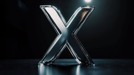 Wall Mural - a shiny, silver, glass letter 'x' standing on a dark surface, with a bright light above it.
