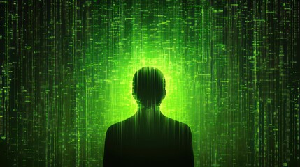 Wall Mural - a silhouette of a person standing in front of a wall of green digital code. the person is bathed in 