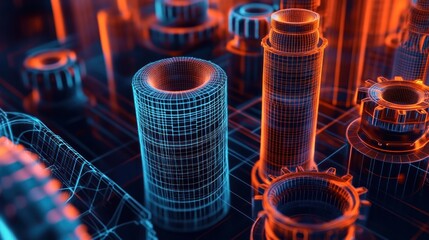 Wall Mural - abstract futuristic machinery with wireframe design and glowing neon lights.