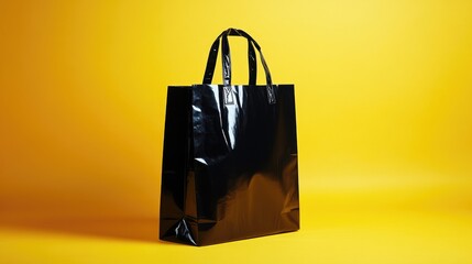 Black shopping bag against a yellow backdrop captured in a studio setting Emphasizing a minimalist design