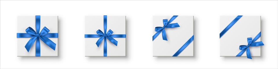 White boxes with blue ribbons and bow. Blue wrapping decorations on transparent background. Collection of gift box decoration. Realistic 3d vector illustration set.