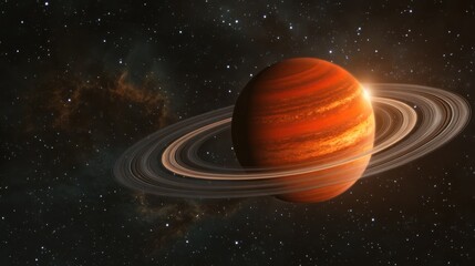 Wall Mural - A vibrant, orange-hued planet with prominent rings is depicted against a backdrop of glittering stars. The planet is a celestial wonder, with intricate bands of clouds encircling its surface.