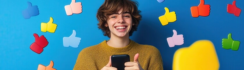 Happy young man holding smartphone with thumbs up against colorful background, expressing positivity and joy in digital communication.