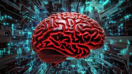 A 3D rendering of a human brain in front of a circuit board background, representing artificial intelligence or neural networks.