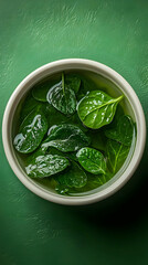 Wall Mural - Photo: Fresh Green Spinach Leaves Soaking in Water Bowl Green Background