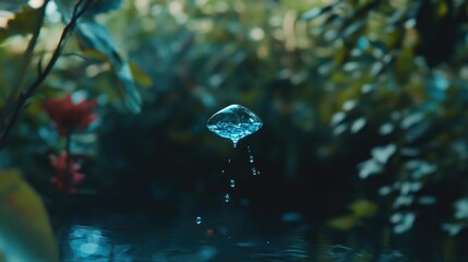 A tiny blue droplet of water hovers in mid air