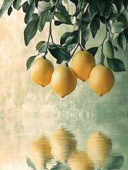 Wall Mural - A close-up view of four vibrant yellow lemons hanging from a leafy branch, beautifully reflected in a tranquil green-hued water surface beneath them.