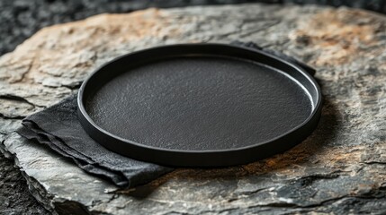 Black plate with napkin on a stone tabletop providing empty space for a menu or recipe