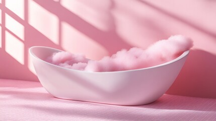 Wall Mural - a white bathtub filled with fluffy pink clouds sits in a room with a pink wall and floor, bathed in 