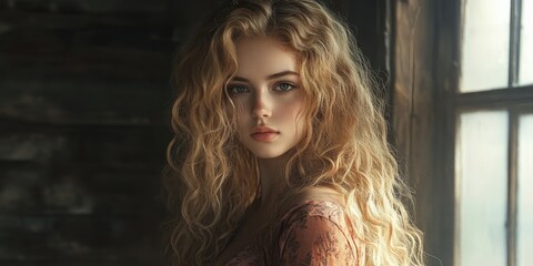 A lovely young woman with long, curly blonde hair is seen in an indoor environment. Her beauty is evident as she stands in this interior space.