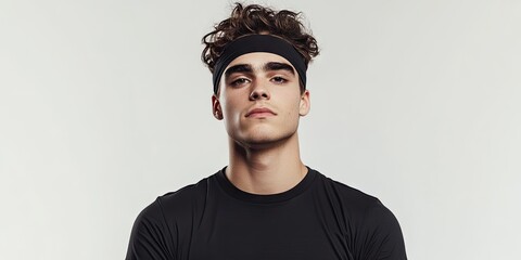 A self assured young male wearing a black t shirt and a sporty headband stands out against a white backdrop, showcasing confidence and style.